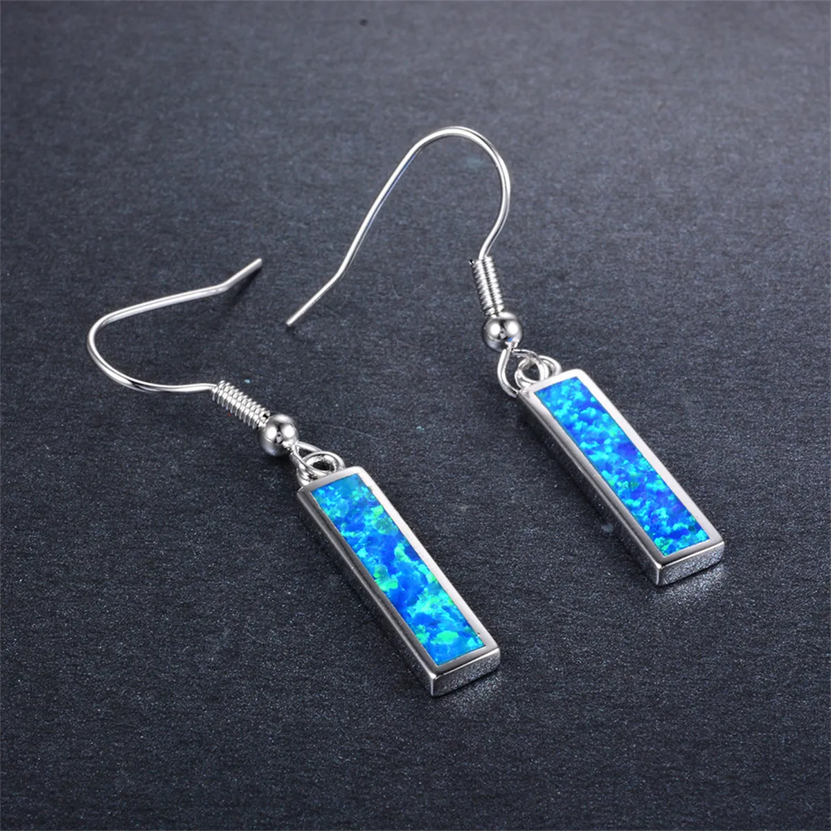 Blue Opal & Silver-Plated Rectangle Drop Earrings