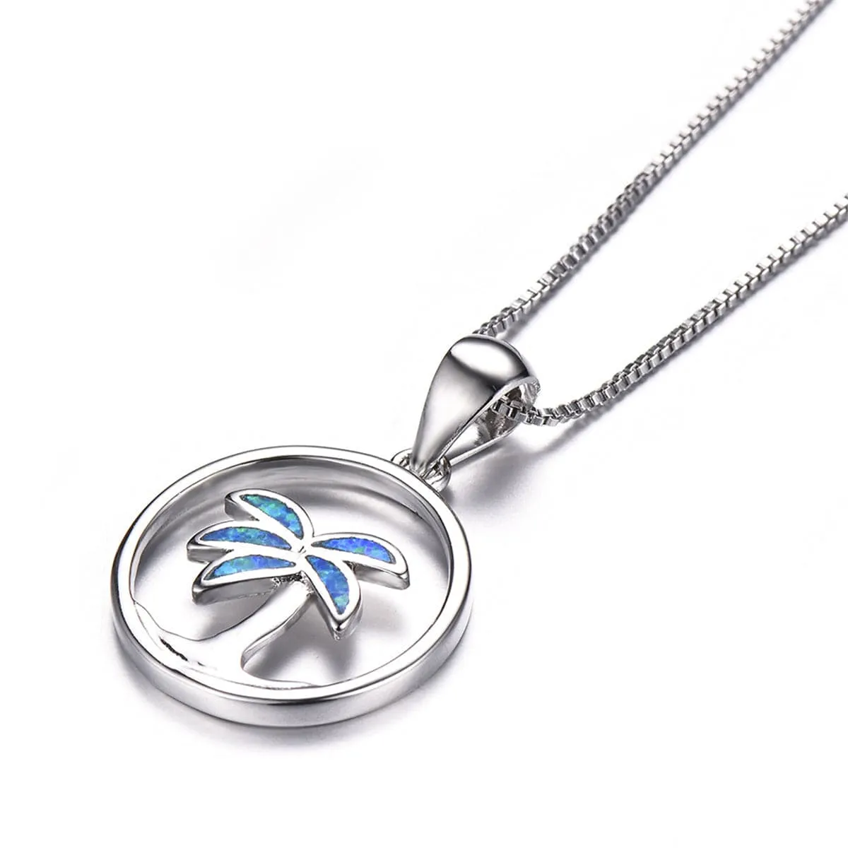 Blue Opal Palm Tree Openwork Pendant Necklace