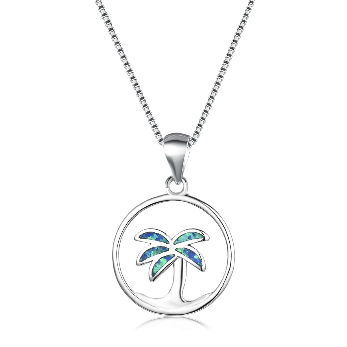 Blue Opal Palm Tree Openwork Pendant Necklace