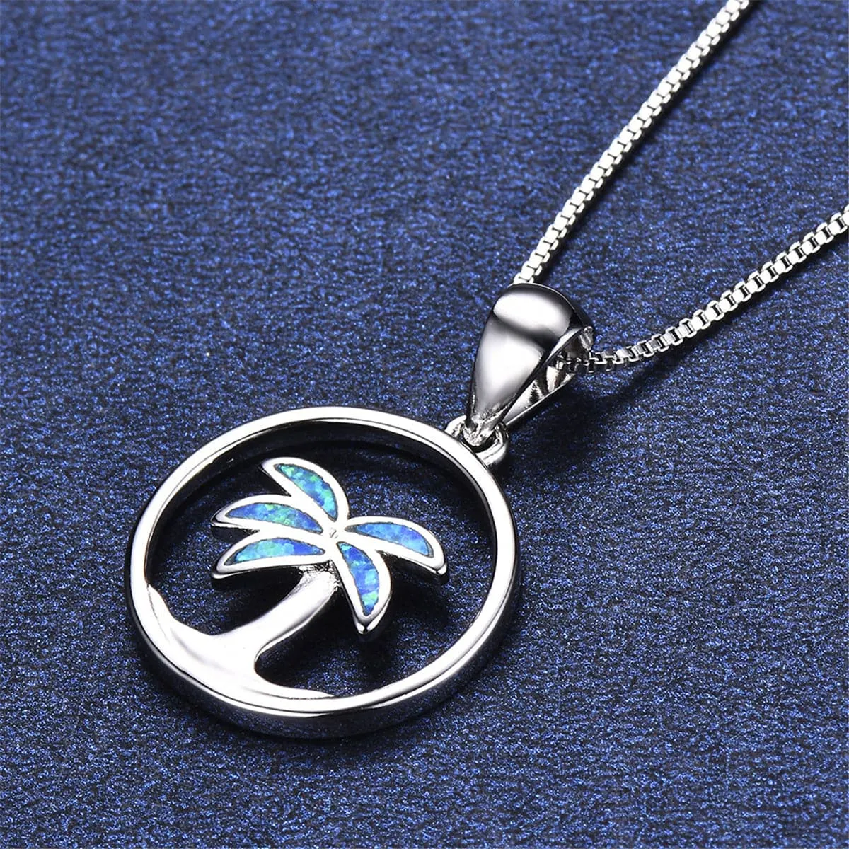 Blue Opal Palm Tree Openwork Pendant Necklace