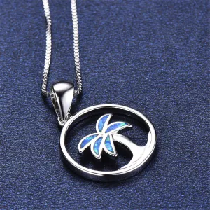 Blue Opal Palm Tree Openwork Pendant Necklace