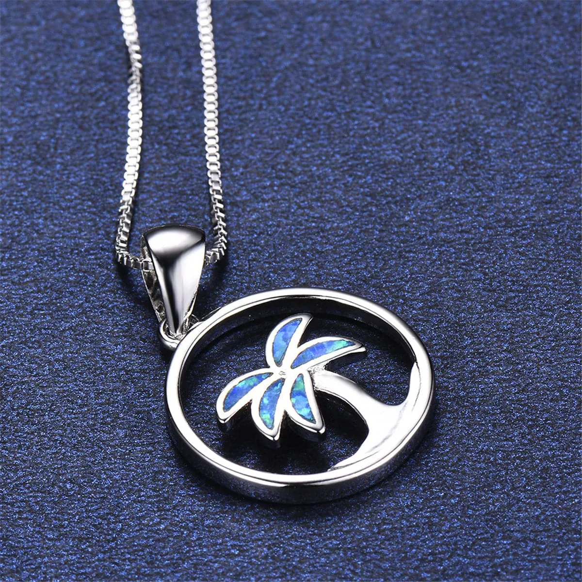 Blue Opal Palm Tree Openwork Pendant Necklace