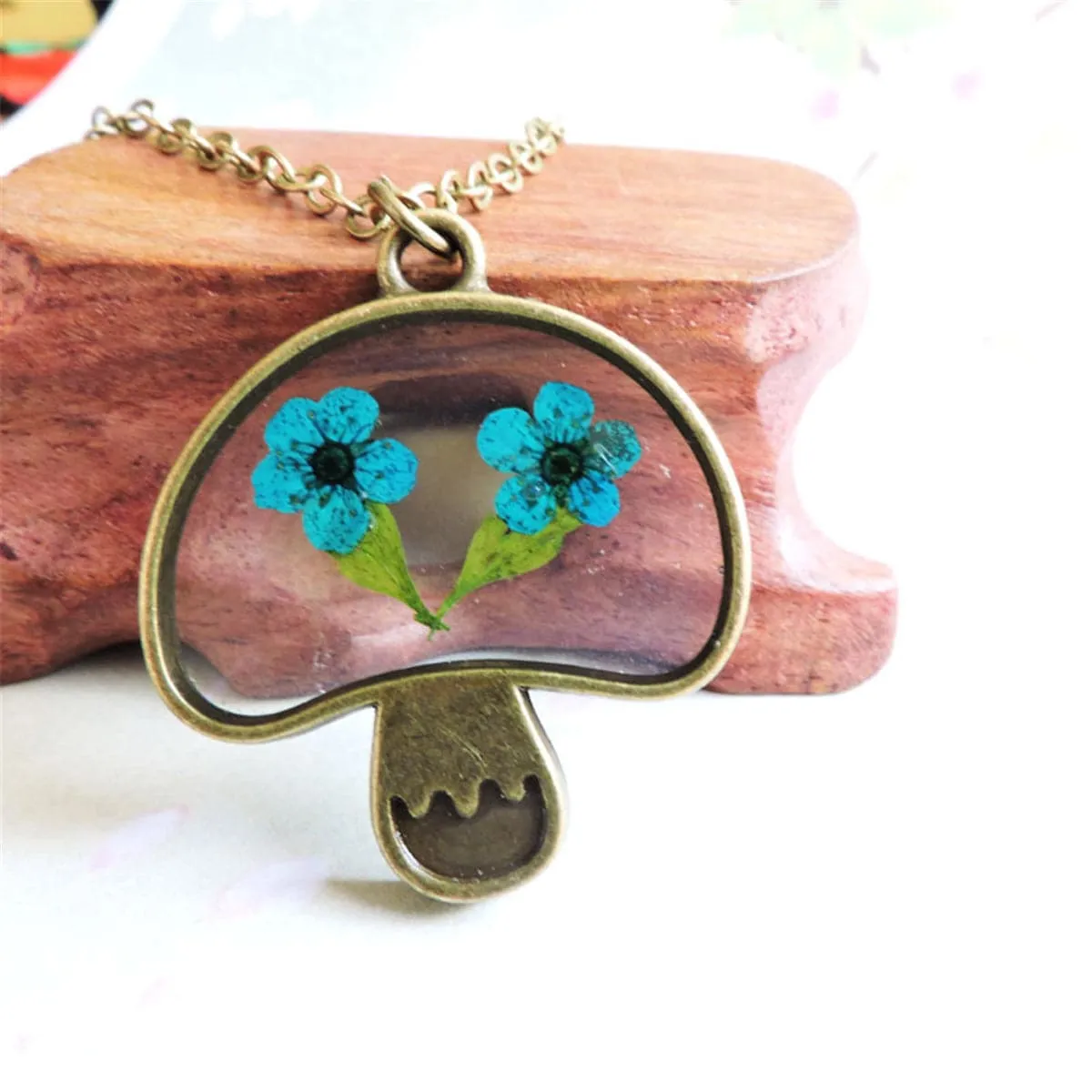 Blue Peach Blossom & 18K Gold-Plated Mushroom Pendant Necklace