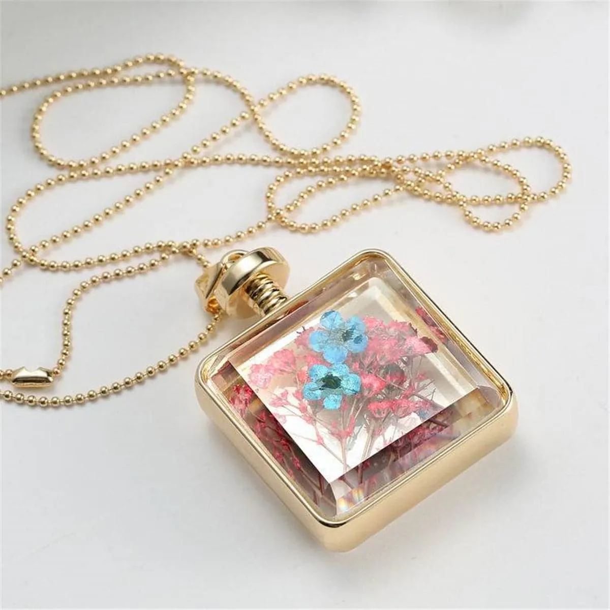 Blue Peach Blossom & Resin Square Pendant Necklace