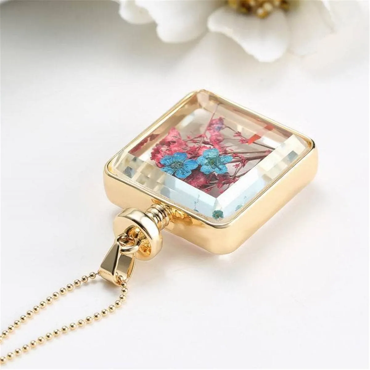 Blue Peach Blossom & Resin Square Pendant Necklace