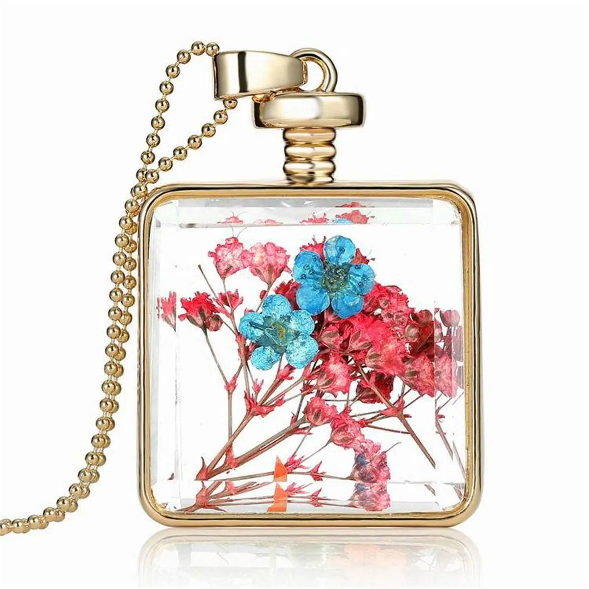 Blue Peach Blossom & Resin Square Pendant Necklace