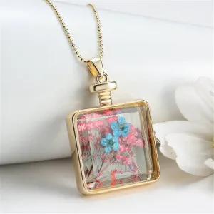 Blue Peach Blossom & Resin Square Pendant Necklace