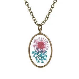 Blue Pressed Gypsophila & 18K Gold-Plated Oval Pendant Necklace