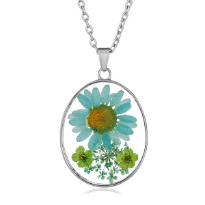 Blue Pressed Mum & Silver-Plated Oval Pendant Necklace
