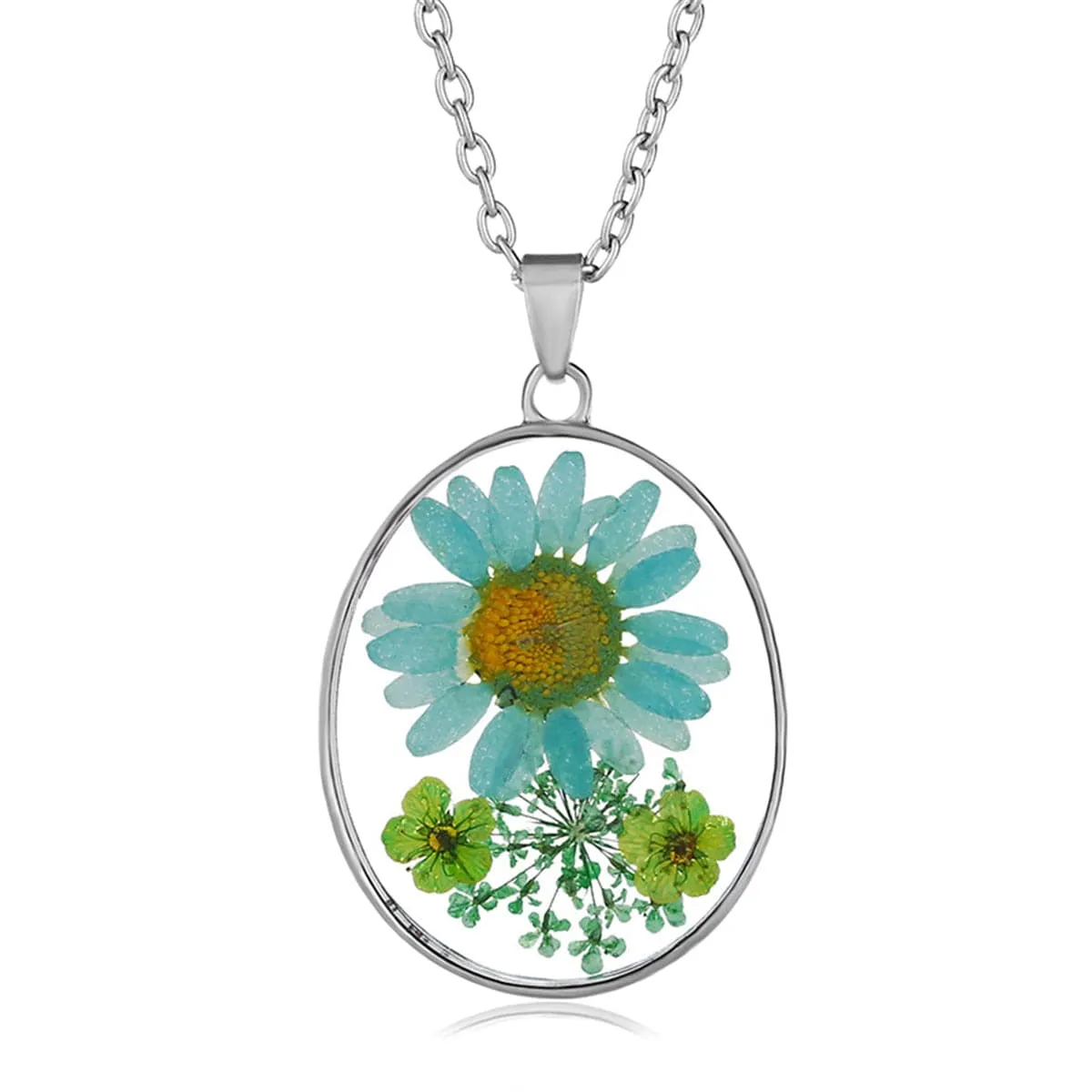 Blue Pressed Mum & Silver-Plated Oval Pendant Necklace