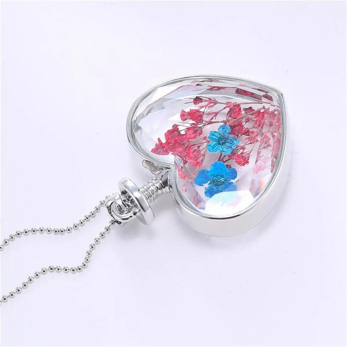 Blue Pressed Peach Blossom & Silver-Plated Heart Pendant Necklace