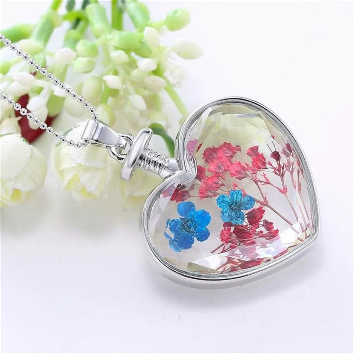 Blue Pressed Peach Blossom & Silver-Plated Heart Pendant Necklace