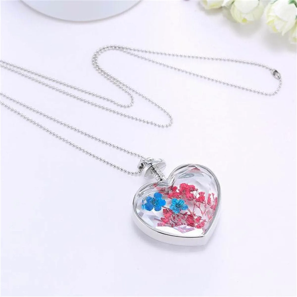 Blue Pressed Peach Blossom & Silver-Plated Heart Pendant Necklace