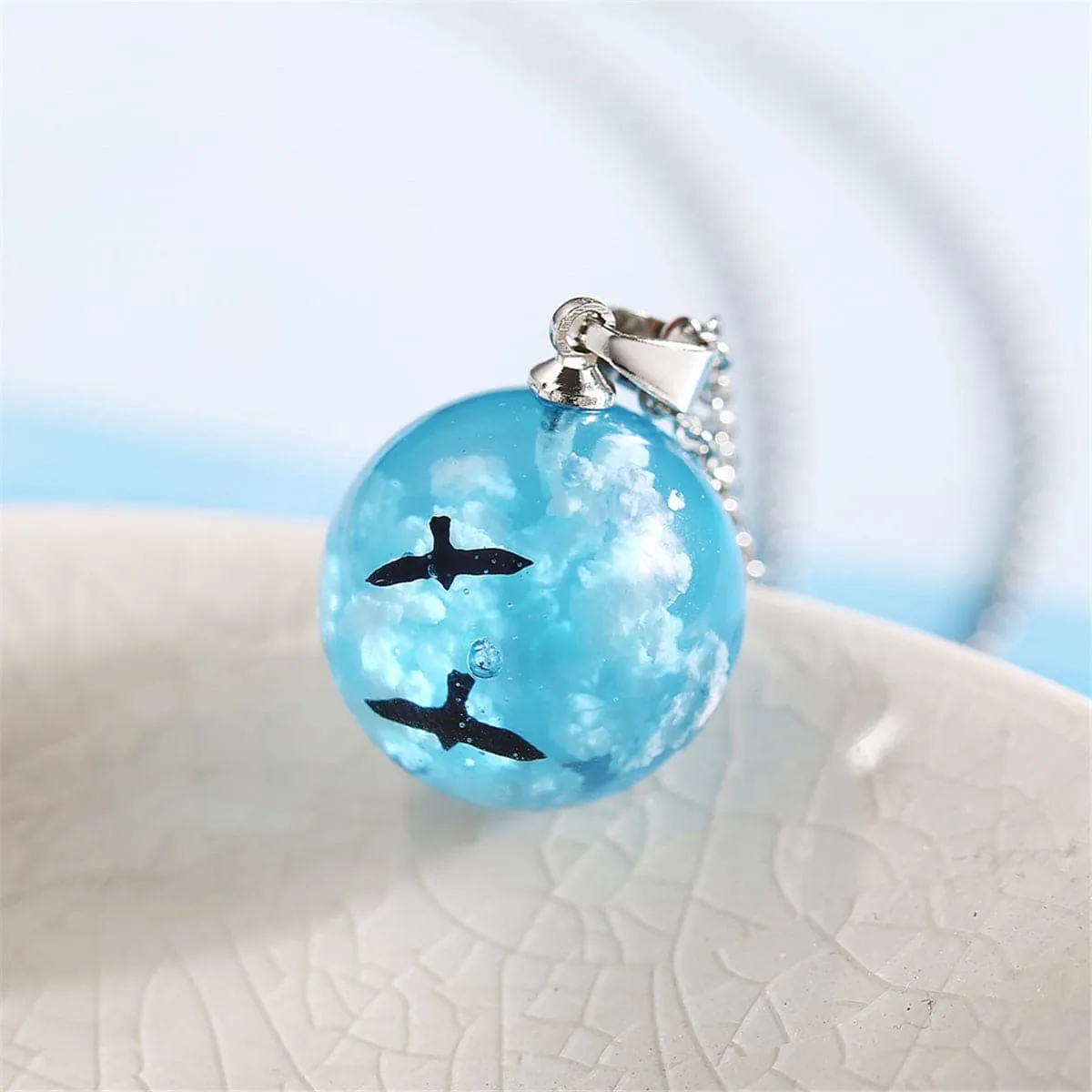 Blue Resin & Silver-Plated Cloud Bird Round Pendant Necklace
