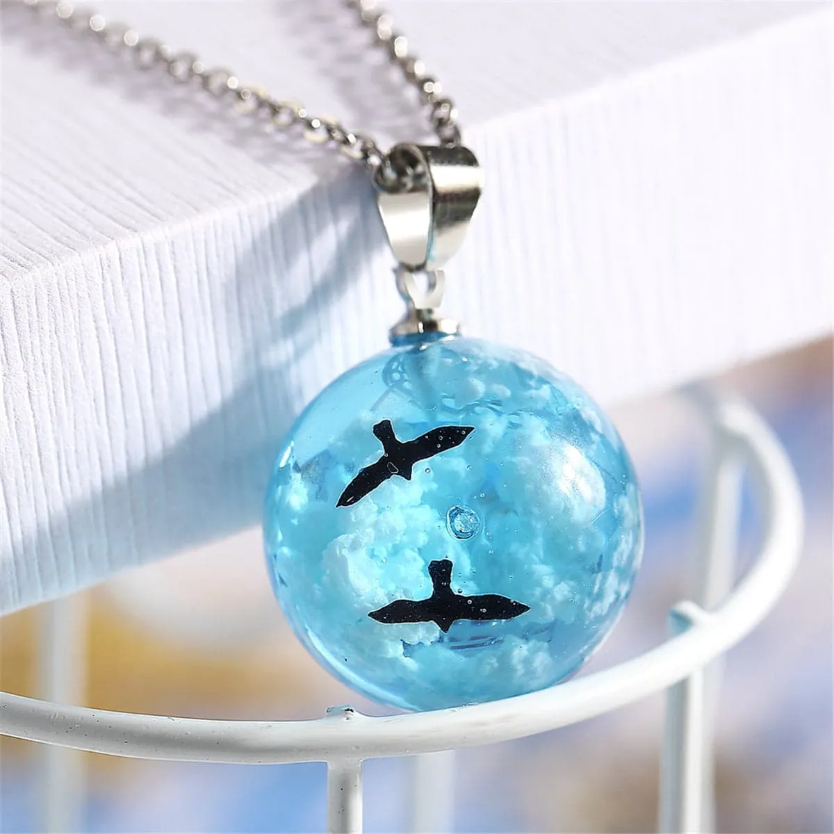 Blue Resin & Silver-Plated Cloud Bird Round Pendant Necklace