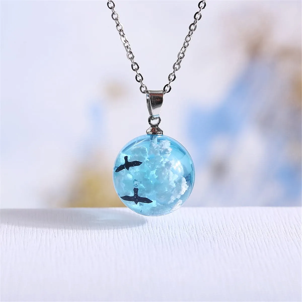Blue Resin & Silver-Plated Cloud Bird Round Pendant Necklace