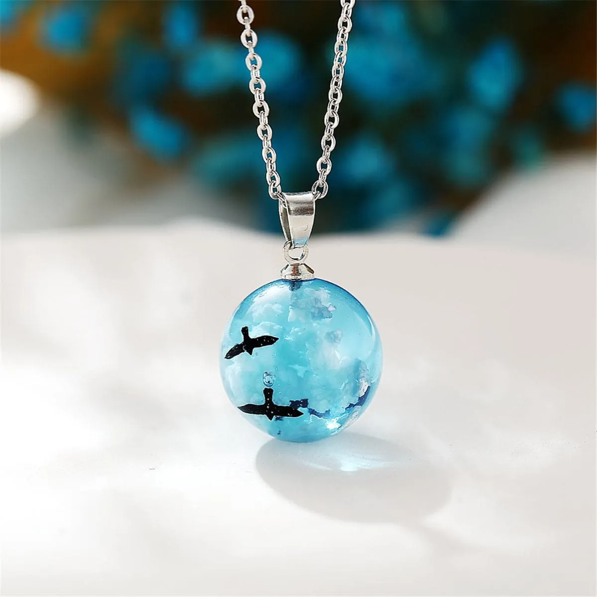 Blue Resin & Silver-Plated Cloud Bird Round Pendant Necklace