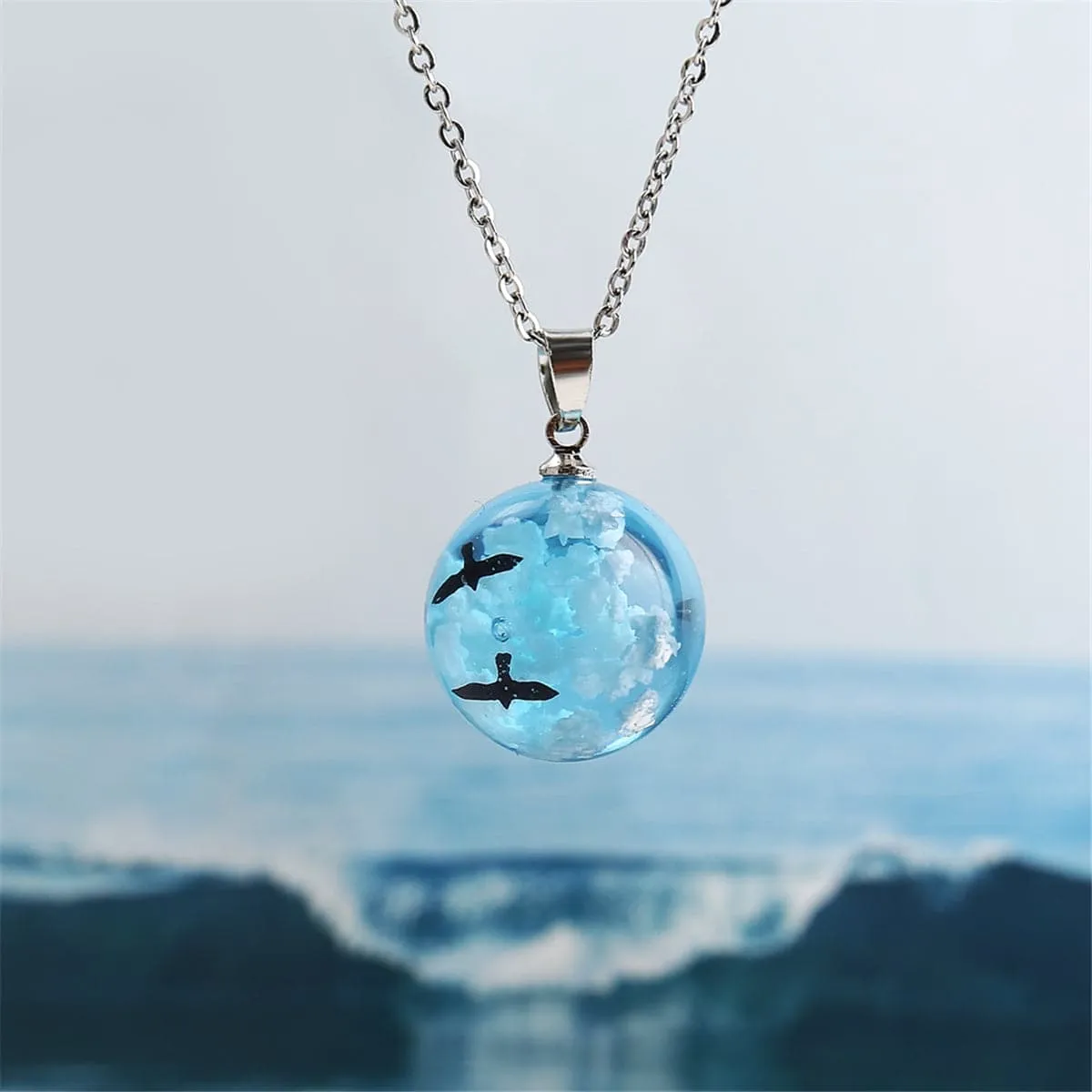 Blue Resin & Silver-Plated Cloud Bird Round Pendant Necklace