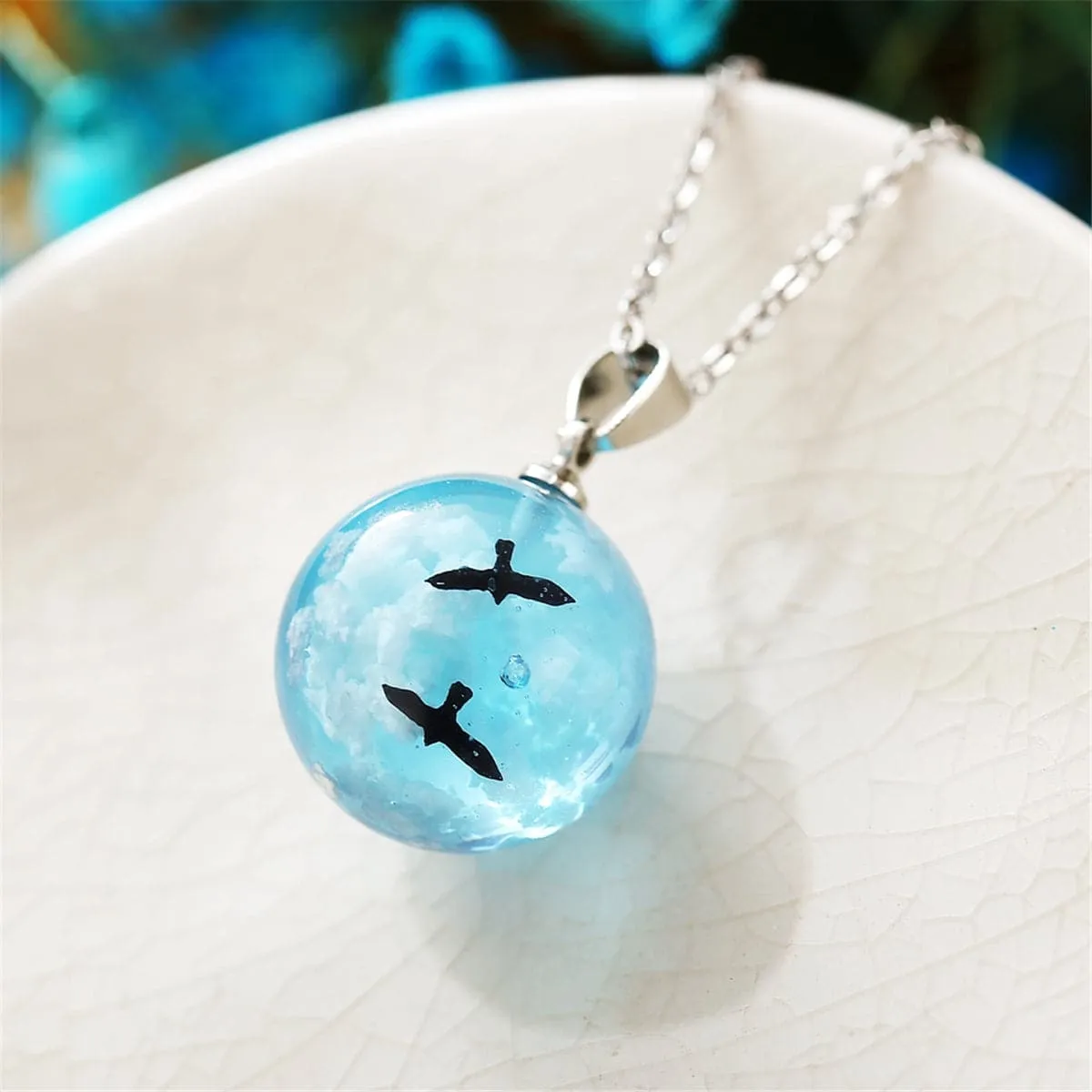 Blue Resin & Silver-Plated Cloud Bird Round Pendant Necklace