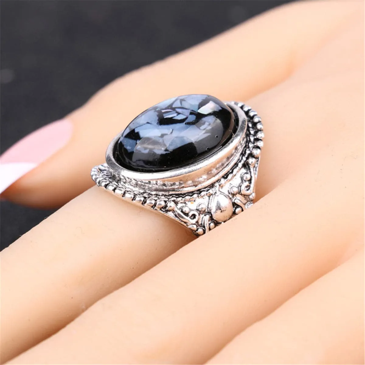 Blue Resin & Silver-Plated Oval Ring
