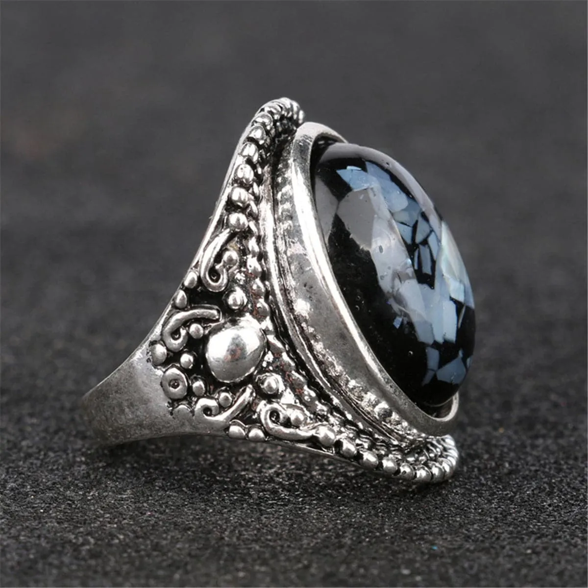 Blue Resin & Silver-Plated Oval Ring