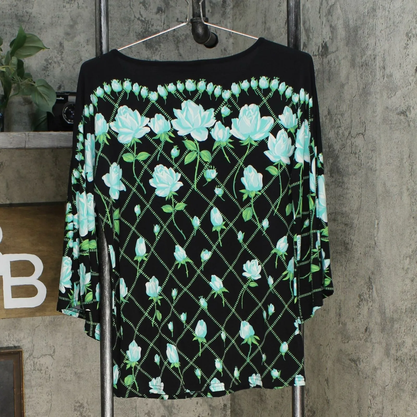 Bob Mackie Women's Rose Trellis Print Knit Top Black XXS