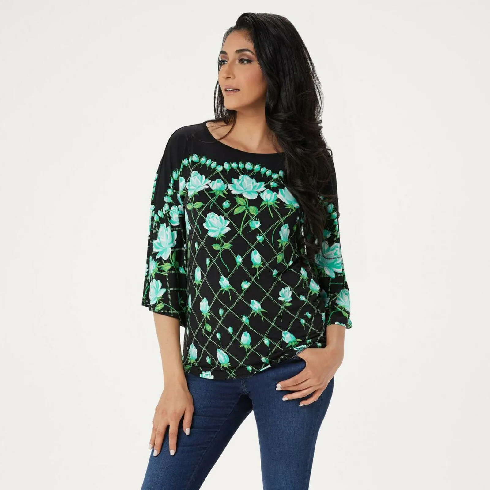 Bob Mackie Women's Rose Trellis Print Knit Top Black XXS