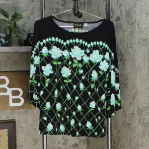 Bob Mackie Women's Rose Trellis Print Knit Top Black XXS