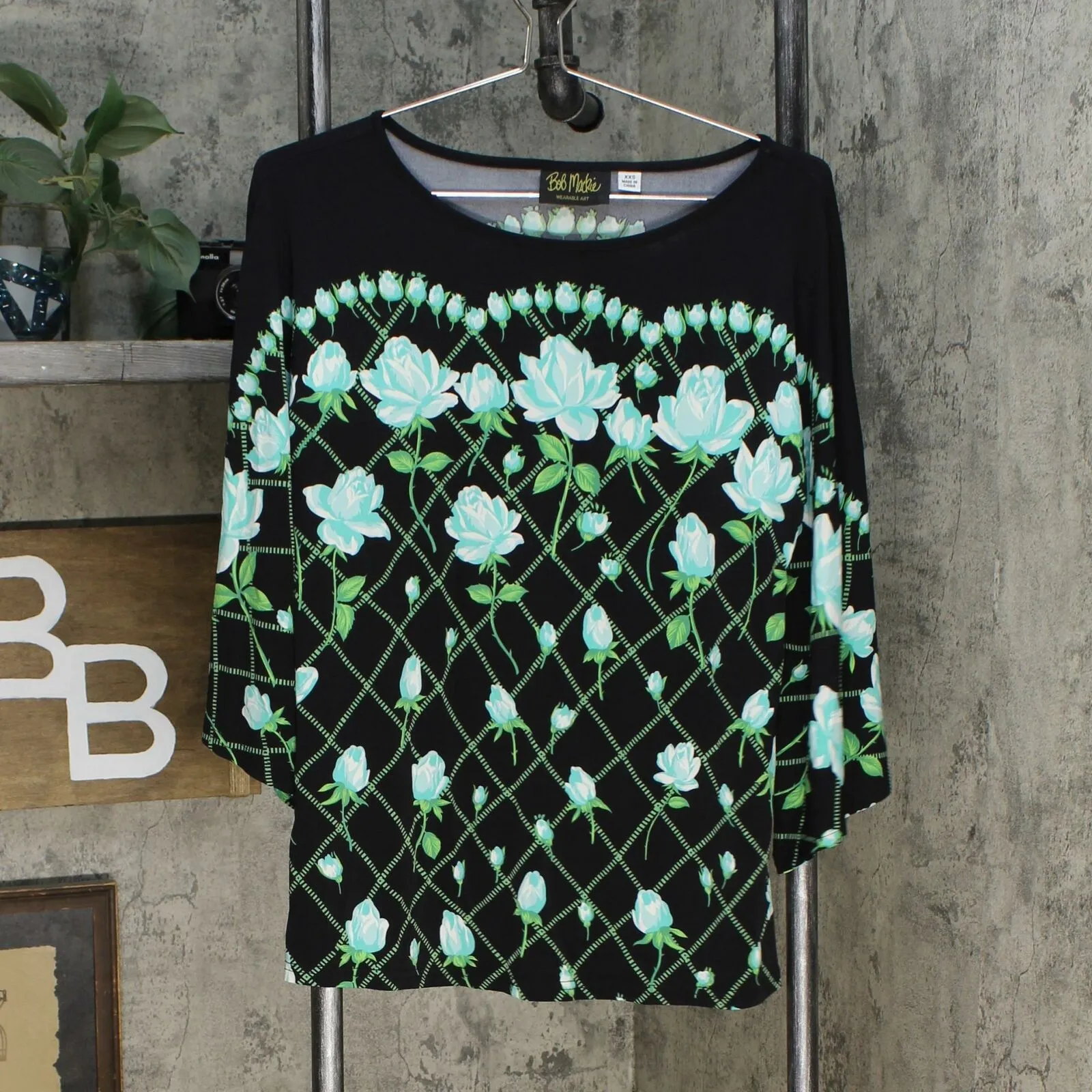 Bob Mackie Women's Rose Trellis Print Knit Top Black XXS