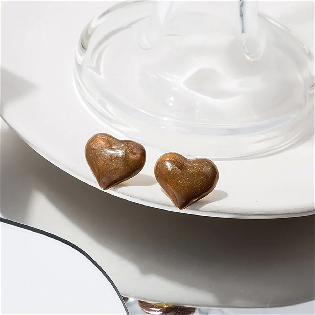 Brown Enamel & 18K Gold-Plated Heart Stud Earrings