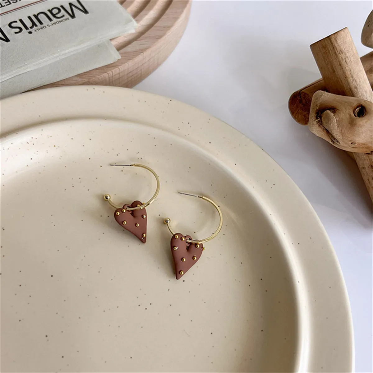 Brown Enamel & 18K Gold-Plated Spotted Heart Drop Earrings