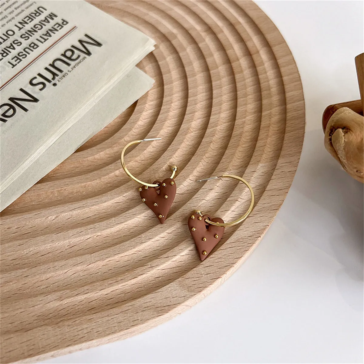 Brown Enamel & 18K Gold-Plated Spotted Heart Drop Earrings