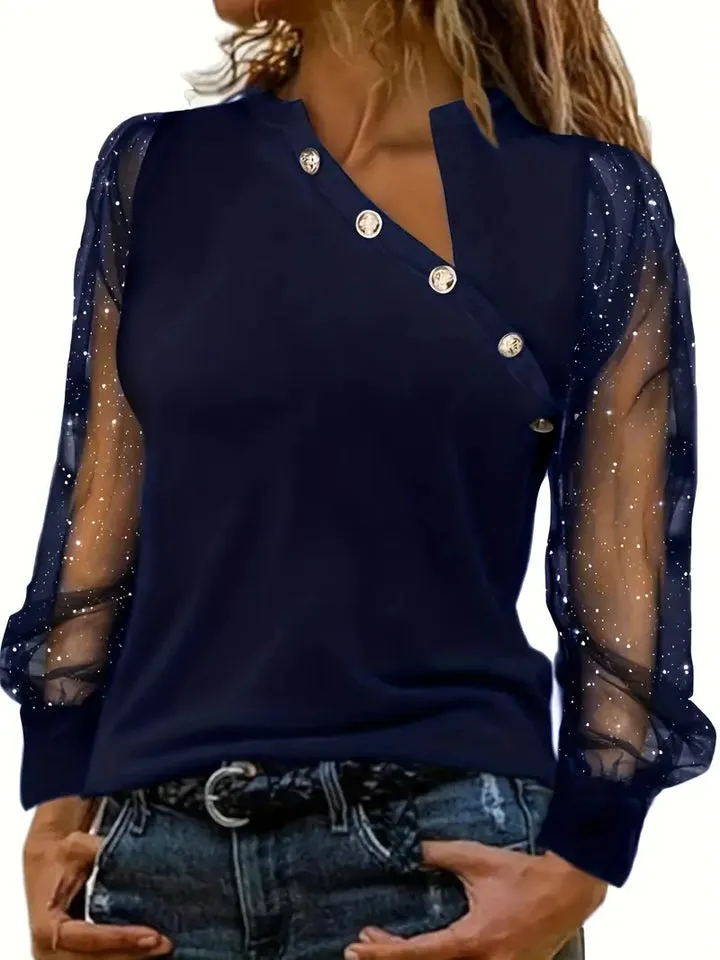 Bubke® | Blouse With An Asymmetrical Neckline And Mesh Sleeves