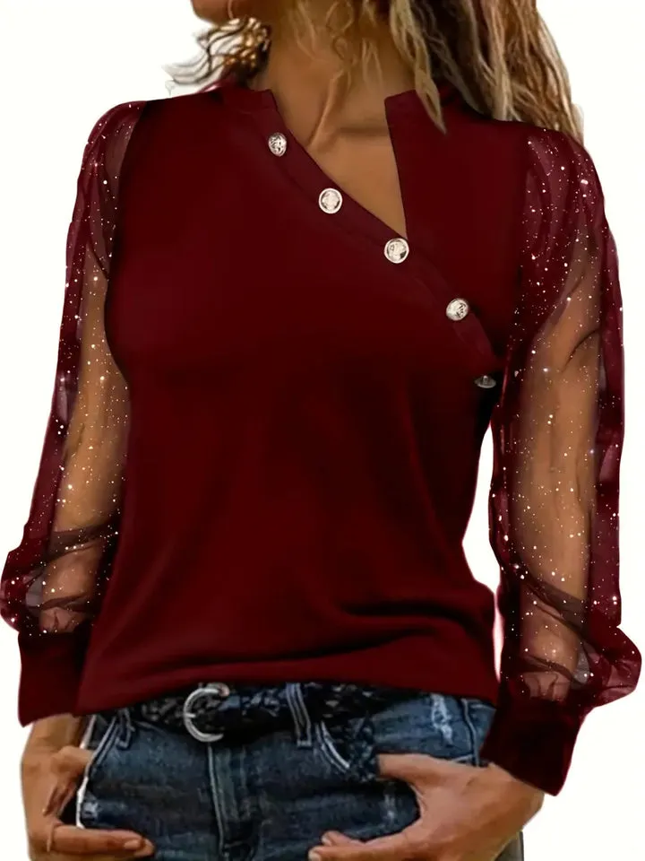 Bubke® | Blouse With An Asymmetrical Neckline And Mesh Sleeves