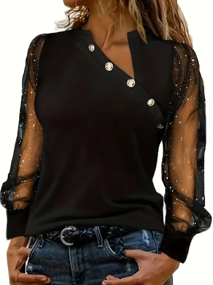 Bubke® | Blouse With An Asymmetrical Neckline And Mesh Sleeves