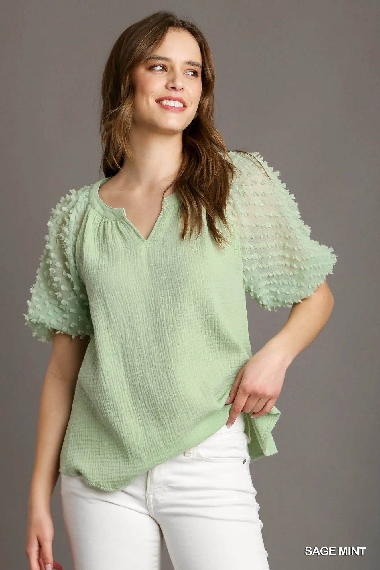 CAMILLA CUFFED PUFF SLEEVE TOP BY UMGEE - SAGE MINT
