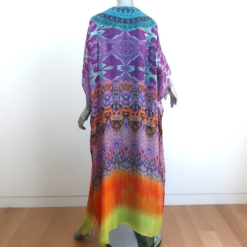 Camilla Lace-Up Kaftan Ombre Snake Print Embellished Chiffon One Size Maxi Dress