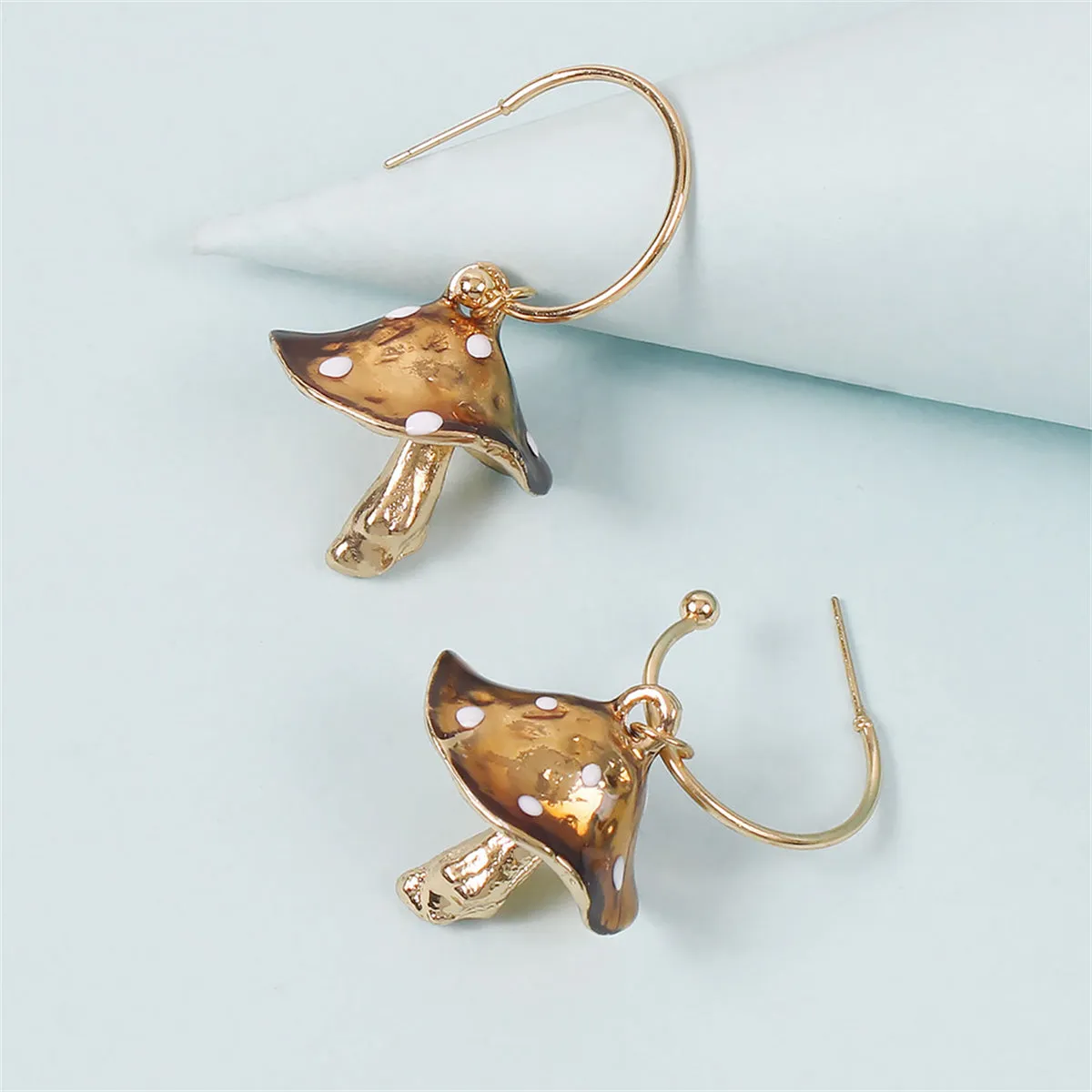Caramel Enamel & 18K Gold-Plated Mushroom Drop Hoop Earrings