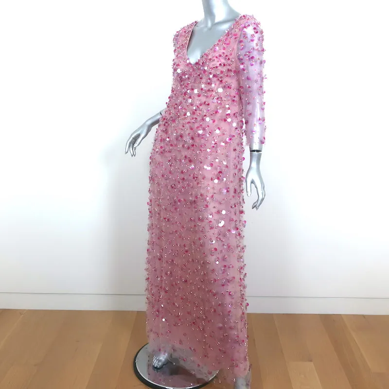 Carolina Herrera Floral Pailette Embellished Tulle Maxi Dress Pink Size 4