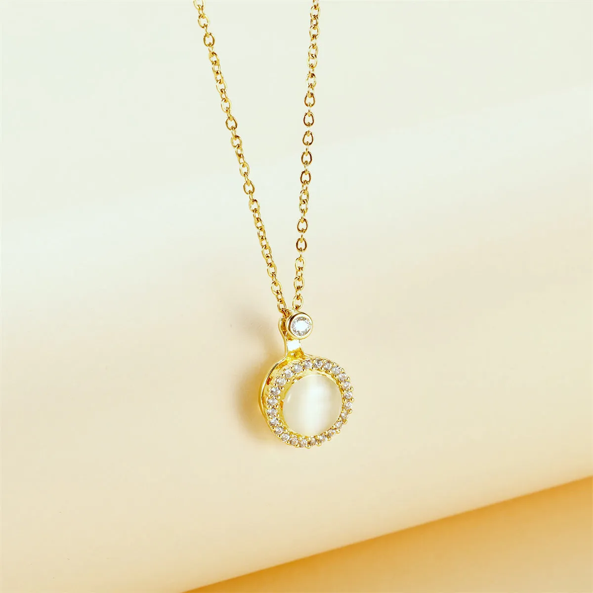 Cateye & Cubic Zirconia Halo Round Pendant Necklace