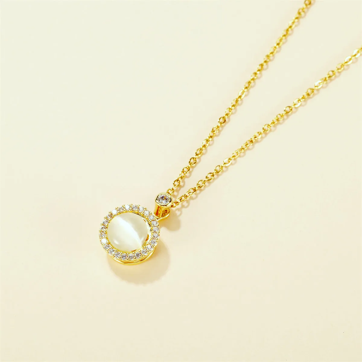 Cateye & Cubic Zirconia Halo Round Pendant Necklace
