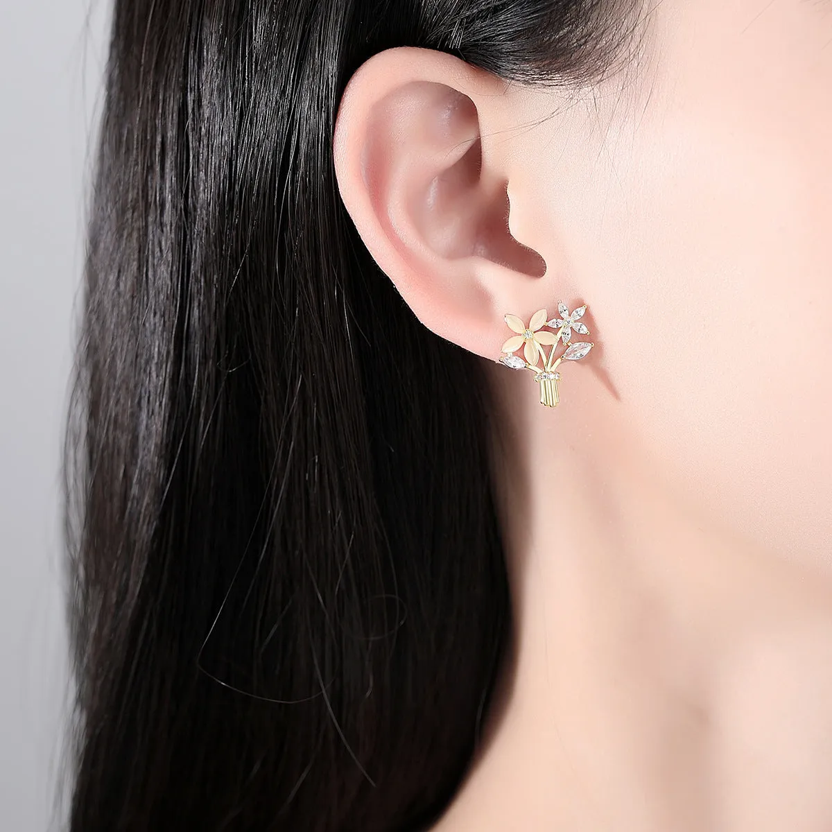 Cats Eye & Cubic Zirconia 18K Gold-Plated Flower Bouquet Stud Earrings