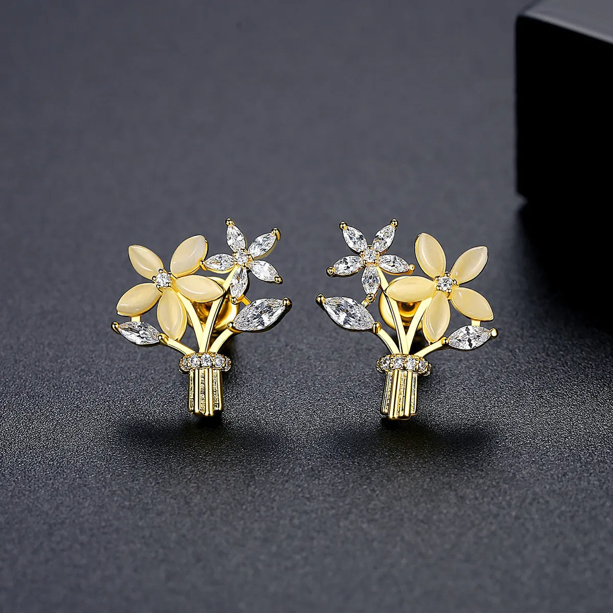 Cats Eye & Cubic Zirconia 18K Gold-Plated Flower Bouquet Stud Earrings