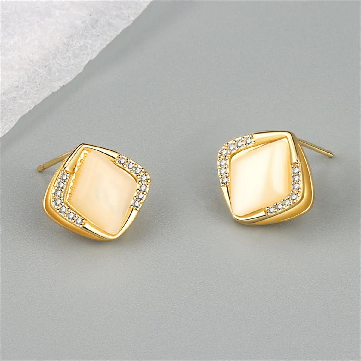 Cats Eye & Cubic Zirconia 18K Gold-Plated Rhombus Stud Earrings