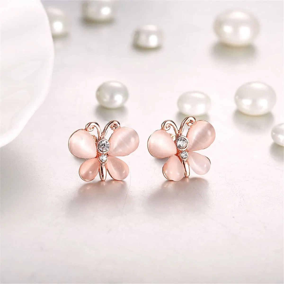 Cats Eye & Cubic Zirconia 18K Rose Gold-Plated Butterfly Stud Earrings