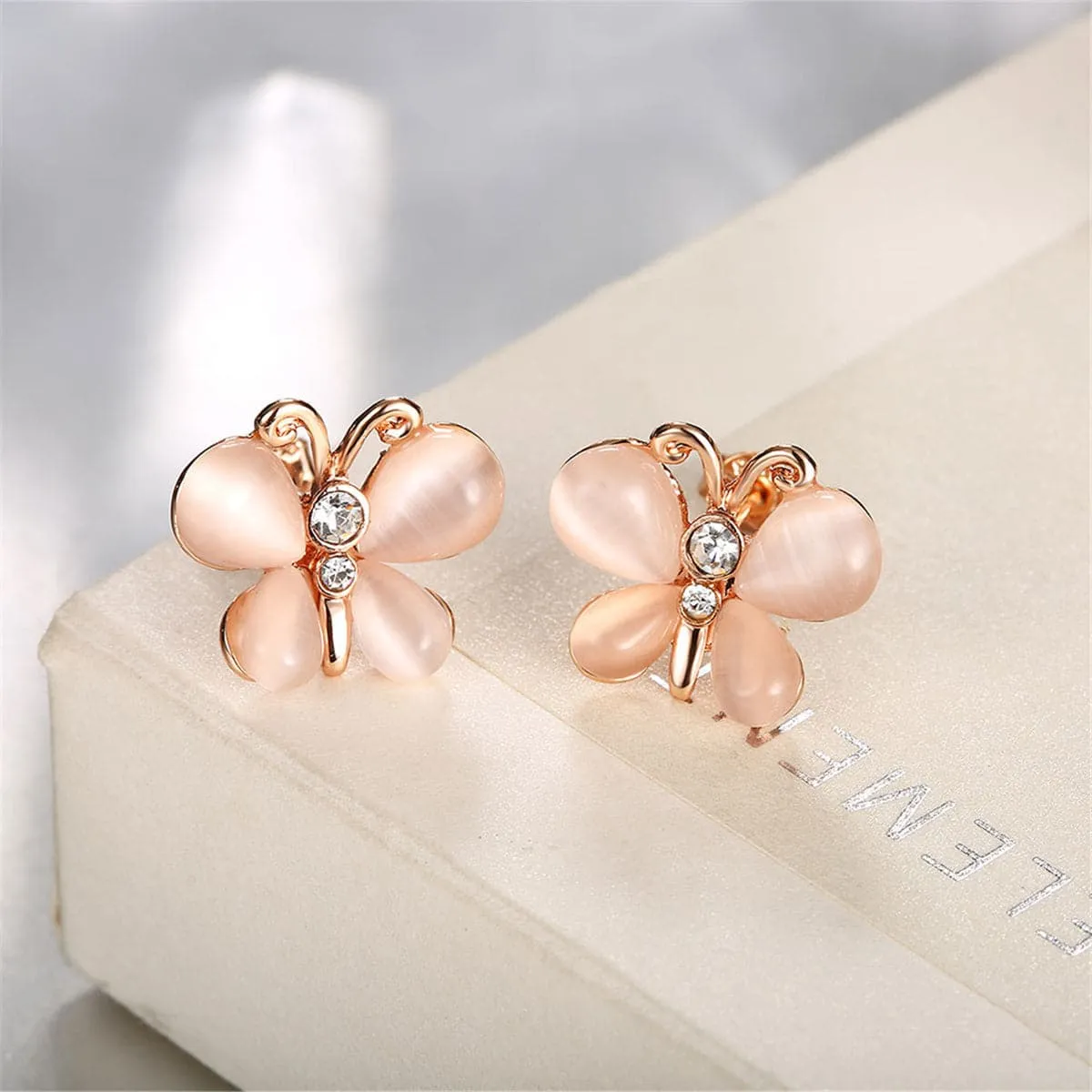 Cats Eye & Cubic Zirconia 18K Rose Gold-Plated Butterfly Stud Earrings