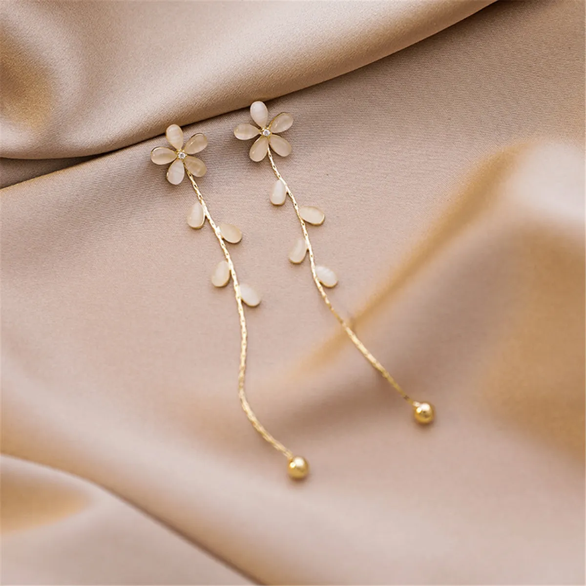 Cats Eye & Cubic Zirconia Floral Drop Earrings