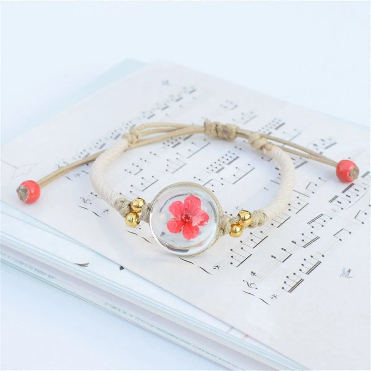 Ceramics & Red Peach Blossom Resin Charm Bracelet