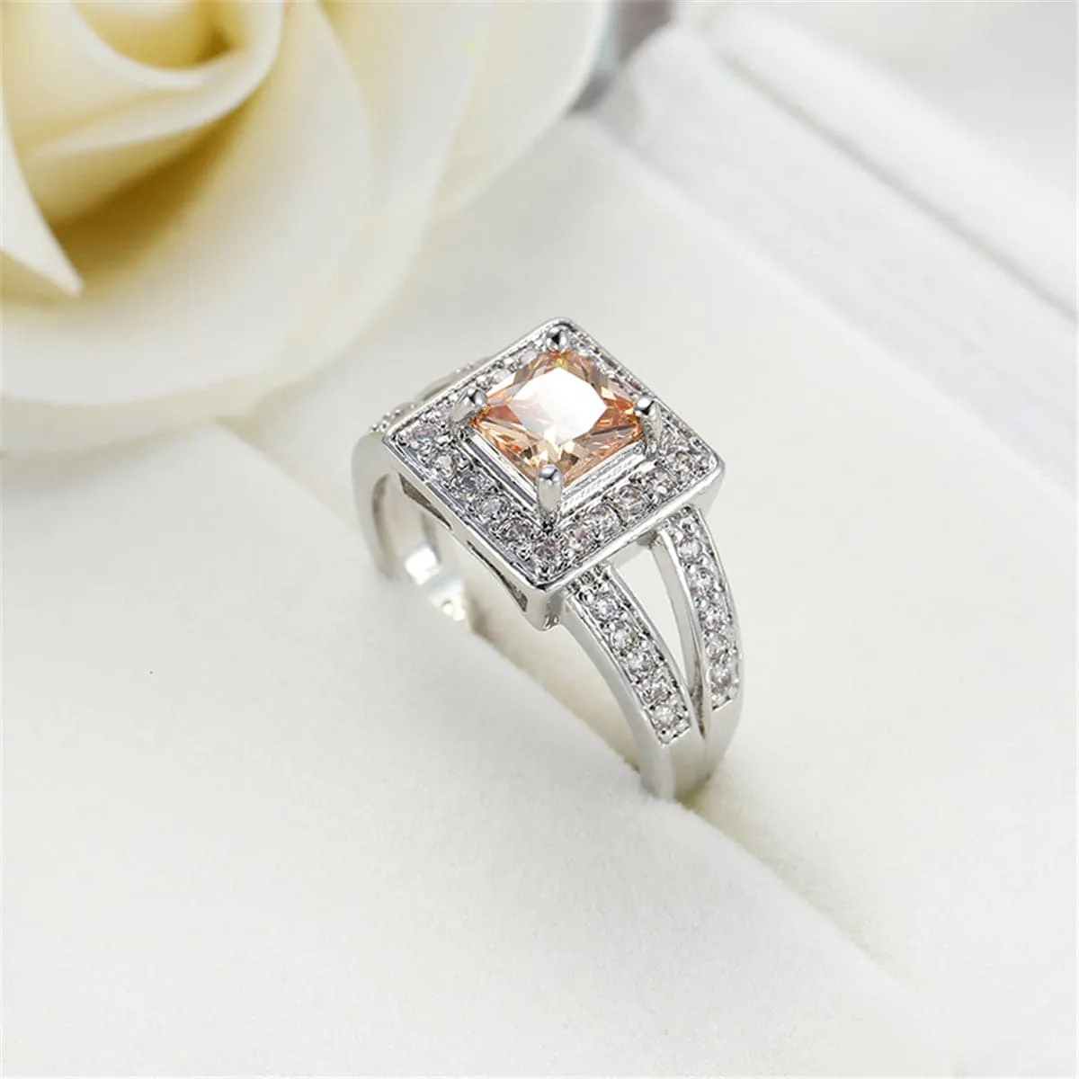 Champagne Crystal & Silver-Plated Square Hola Ring