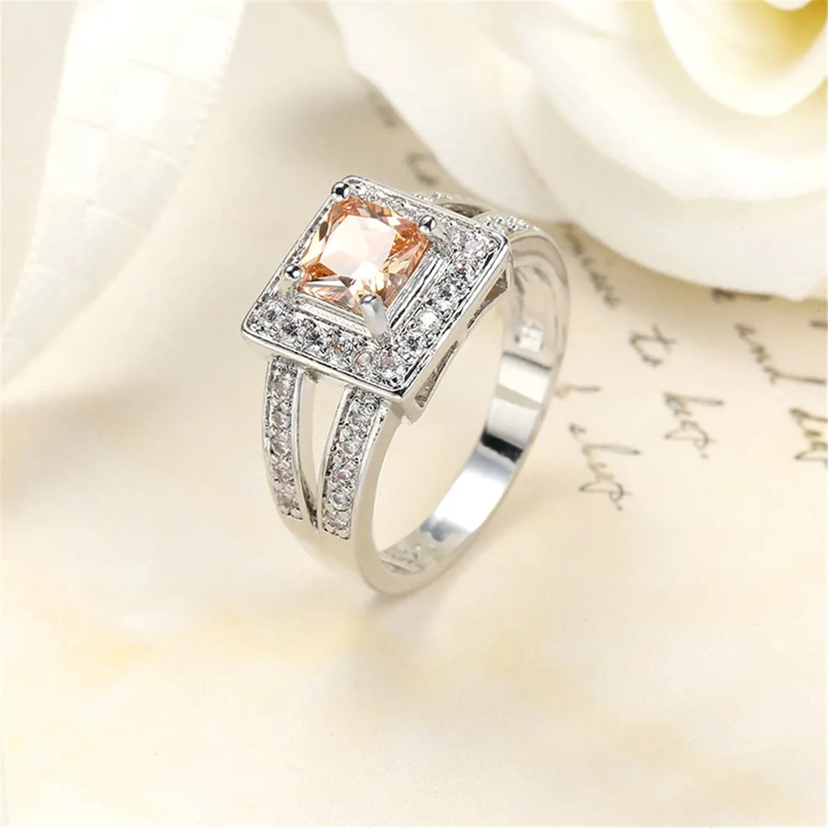 Champagne Crystal & Silver-Plated Square Hola Ring